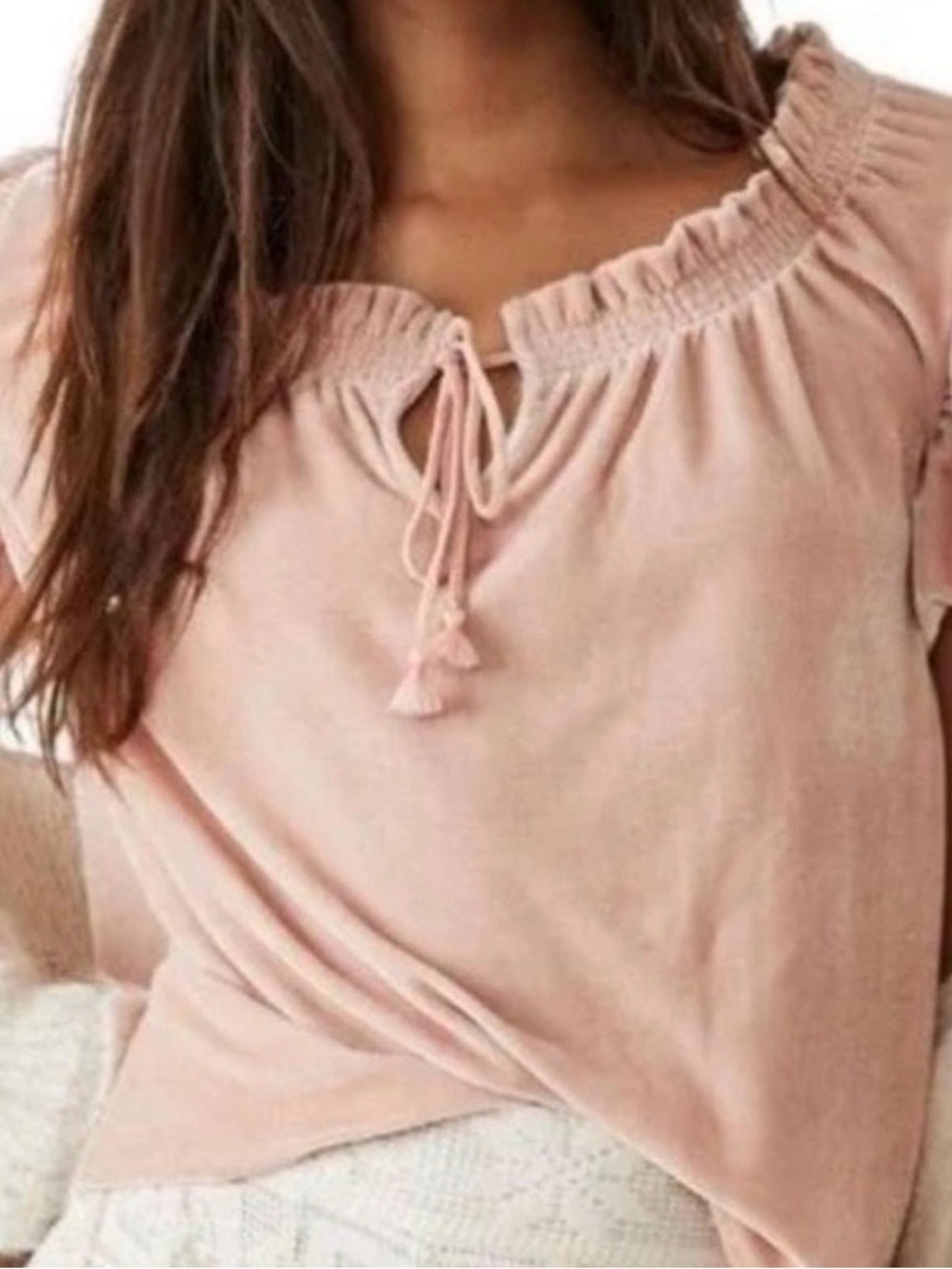 Free People Pink Velvet Puff Sleeve Blouse M Boho Tie Neck Orig $78